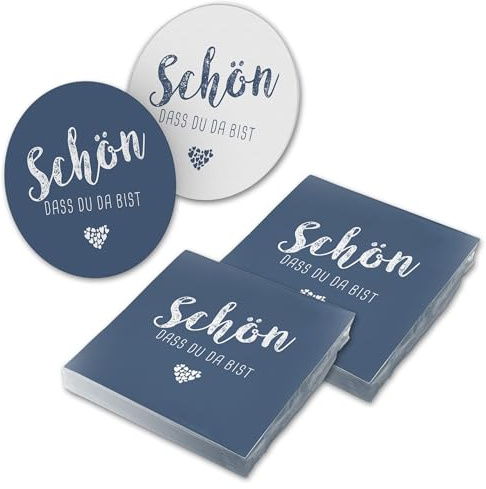 itenga 40x Servietten mit 40x Bierdeckel Schön dass du da bist (dunkelblau)