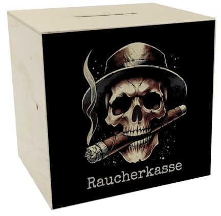 Smoker cash with skull money box made of wood, skull money box, made of wood, cigar smoking motif, skeleton bone design, smoking gadget