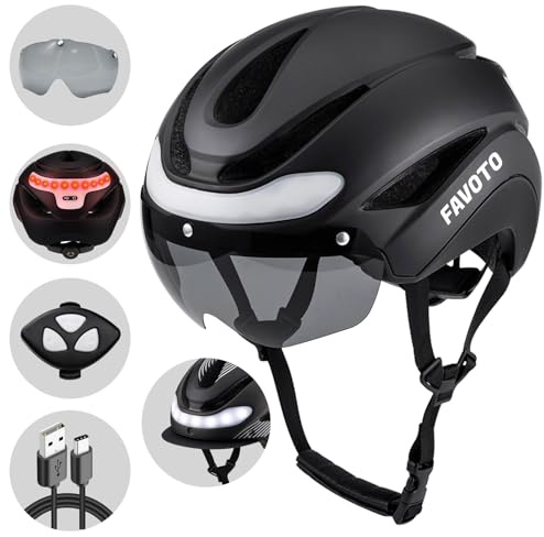 Favoto Casco da Bicicletta con Luce - Caschi Ciclismo per Uomo Donna Adulti con Luci Posteriori Circonferenza Regolabile Visiera Rimovibile L 59-61cm Nero