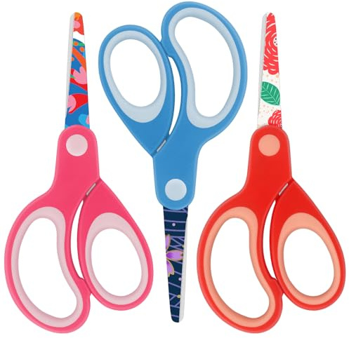 Forbici per bambini sinistri, forbice di sicurezza, artigianali smussate con motivo, ideali per casa e scuola, colori assortiti, 13,5 cm, 3 pezzi