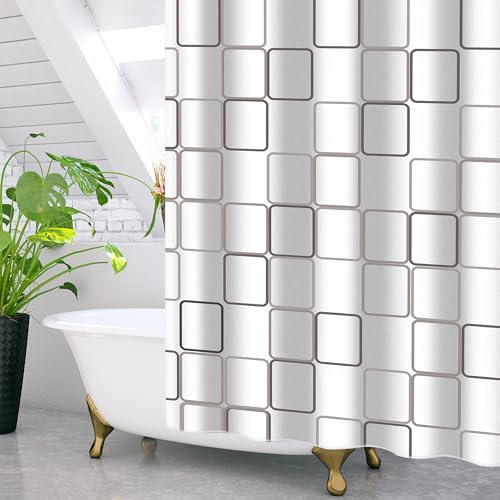 GRICOL Duschvorhang Wasserdicht Badvorhang aus Polyester Stoff Waschbar Bad Vorhang mit 12 Ringe für Dusche und Badewanne 240 x 200 cm Weiß Karo