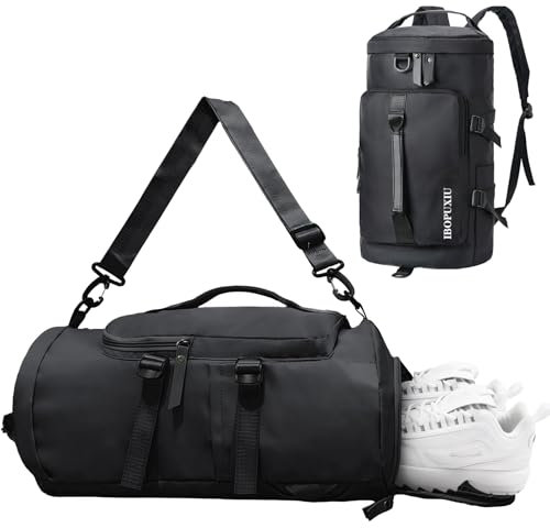 IBOPUXIU Sac de Sport Homme Femme, Sac de Voyage avec Compartiment Chaussures et Poche Étanche, Duffle Bag Fitness Gym Weekend, Noir