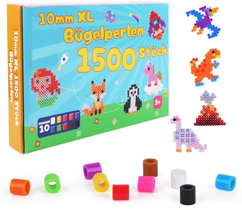 1 500 stycken strykpärlor, stora 10 mm, 10 fina färger, 150 stycken per färg, pluggpärlor, 10 mm pysselpåfyllningsset, XL, stora strykpärlor, set för barn från 3 år