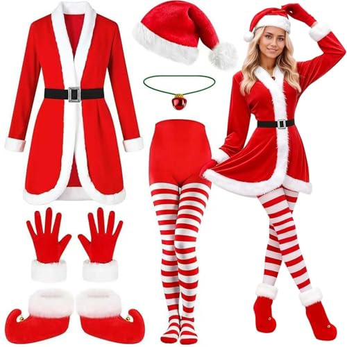 Womens Santa Christmas Costume Cosplay Christmas Outfit Mrs Claus Costume With Coat, Striped Stockings, Decorative Boots, Belt, Hat, Bell Ornament, Gloves For Women - Mrs Santa Claus Dress, Holiday