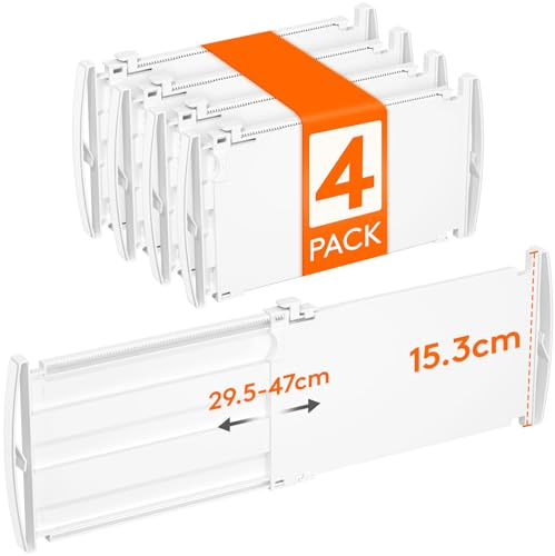Lifewit Divisori per Cassetti Regolabili, Organizer per Armadio Salvaspazio, Separatore per Armadio, Cucina, Camera da Letto, Confezione da 4, Altezza 15.5 cm, 30-47 cm, Bianch