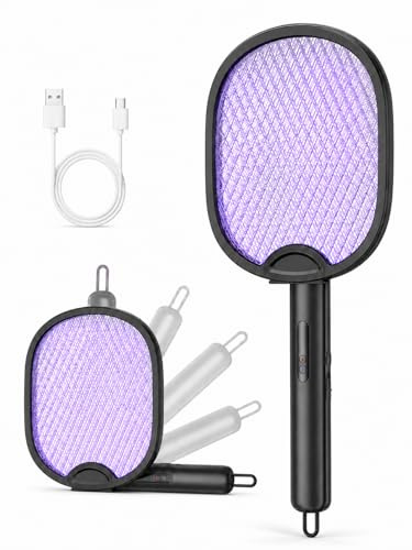 WOCVRYY Racchetta Zanzare Elettrica Pieghevole 4000V Scacciamosche Elettrico Ricaricabile USB-C 1800mAh Racchetta Antizanzare 3 in 1 con Luce LED Portatile per Casa, Giardino, Campeggio