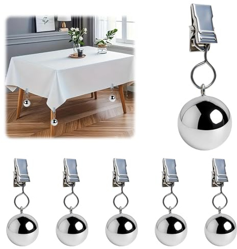 6 Tischdeckenbeschwerer mit Edelstahl Massivkugeln & Clips – Extra Schwere Tischdeckengewichte Windfest für Draußen, Rostfreie Tischtuchbeschwerer für Garten, Vorhänge, Party, Camping & Picknick