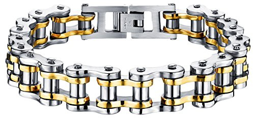 Cupimatch Motorcycle Biker Chain Bracelet Punk Rock Link Wristband for Men Cool Silver Stainless Steel 8.5 (Silver gold) for Fathers Day