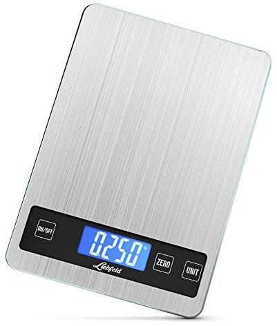 Liebfeld Küchenwaage Digital - Präzise Waage aus Edelstahl u. Glas mit großer Wiegefläche bis 15kg - Beleuchtetes Display - Digitale Küchenwaage inkl. 2 AA Batterien - Küchen Zubehör