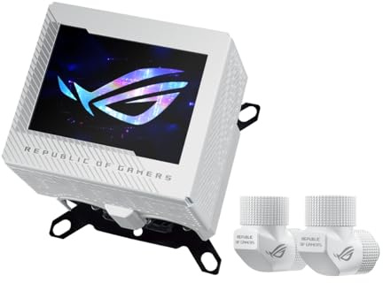 ASUS ROG Ryujin III WB CPU water block with full colour 3.5 inch LCD screen, embedded VRM fan, 178 micro cooling fins and copper alloy cold plate cooling technology by Asetek, and ROG fittings, White