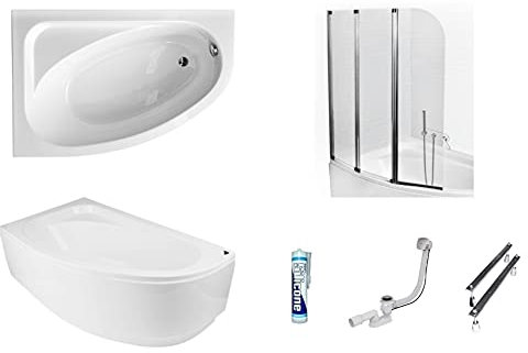 ECOLAM® Badewanne Eckbadewanne Acryl Cornea weiß 140x80 cm LINKS + Schürze + Badewannenabtrennung Ablaufgarnitur Ab- und Überlauf Automatik Füße Silikon Komplett-Set Duschbadewanne