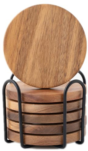WLWNWFT Wood Coasters for Drinks Tabletop Protection with Holder Set of 6, Acacia Wooden Coaster for Coffee Table Dining Table Round with Non-Slip Pad Cup Coaster for Home Christmas Decor 4 Inch