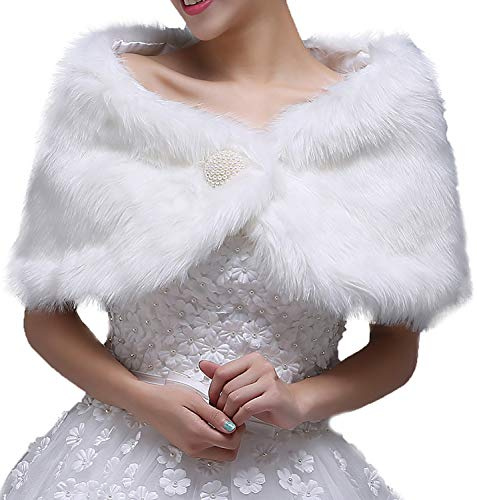 ITODA Châle en Fausse Fourrure Hiver Femme Mariée Demoiselle d'honneur Cape Mariage Wrap Mariée Châle Mariage Écharpe Chaude Étole pour Robe De Fête De Mariage Soirée, Blanc, M