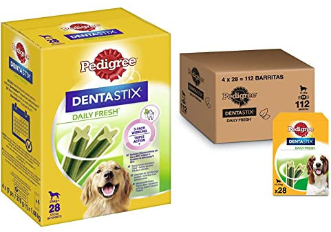 Pedigree DentaStix Daily Fresh Zahnpflegesnack für große Hunde – Aktivwirkstoffen; 4x28 Stück & DentaStix Daily Fresh Zahnpflegesnack für mittelgroße Hunde – Aktivwirkstoffen – 4 x 28 Stück