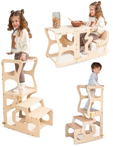 WoodandHearts Lernturm, Hergestellt in der Ukraine, Lernturm klappbar, 2-in-1-Multifunktionaler lernturm ab 1 Jahr, Kinder tritthocker Holz, Montessori Küchen-Tritthocker für Kinder