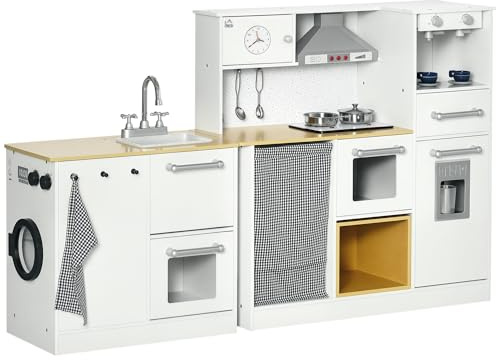 HOMCOM Cucina Giocattolo 2 Pezzi per Bambini 3-6 Anni con Utensili da Cucina, Luci ed Effetti Sonori Realistici, in MDF e PP Bianca e color Legno