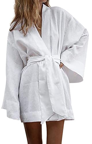 Womens Linen Kimono Cardigan Short Robes Summer Lightweight Open Front Cover Ups Tops Sleepwear Casual Bathrobe Loungewear