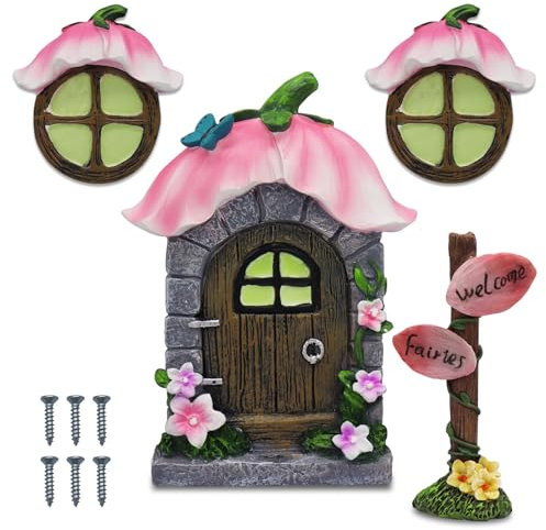 Grantop Juego de Puerta y Ventana de Hadas en Miniatura para Árboles - Decoración de Jardín Que Brilla en la Oscuridad - Puerta de Duende