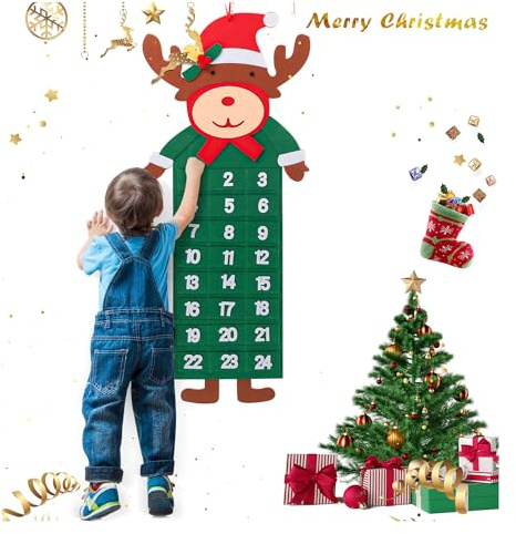 Elk Advent Calendar Felt Advent Calendar, Wall Hanging Fabric Advent Calendar Felt Countdown Calendar With 24 Days Pockets For Small Gifts Xmas Tree Door Mantel