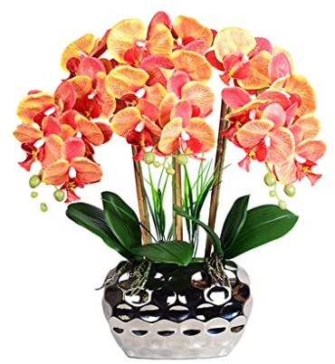 EIOLWJIEO Large Artificial Orchid Bonsai with Vase Phalaenopsis Real Touch Faux Plants Orchids Arrangements for Living Room Decoration, Orange