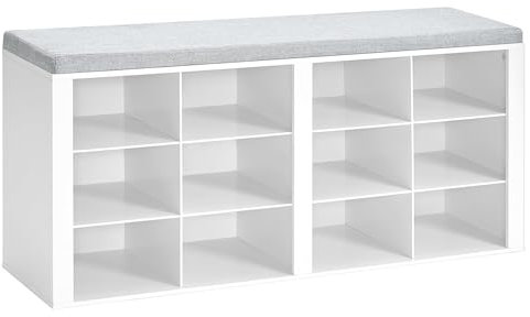 Hzuaneri Shoe Storage Bench with Padded Seat, Shoe Rack Bench with 12 Open Compartments, Adjustable Shelves, Shoes Cabinet with Cushion for Hallway, Living Room, Bedroom, Entryway, White, SB19003GY