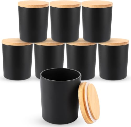 MUXHEL 8er-Set 300ml / 10oz Glas Vorratsdose Schwarz, Glas-Kerzengläser mit Bambusdeckel, Wattedose mit Deckel aus Bambus, zuckerdose mit deckel, Waschtisch-Wattestäbchen-Aufbewahrung