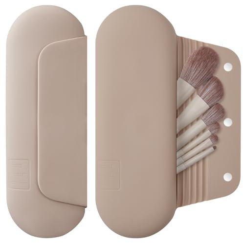AGIKET Silicone Makeup Brush Holder Travel Cosmetic Bag：Soft Portable Cosmetic Face Brushes Holder with Upgrade Anti-Fall Out Magnetic Closure, Large Travel Makeup Brush Case - Walnut, Walnut