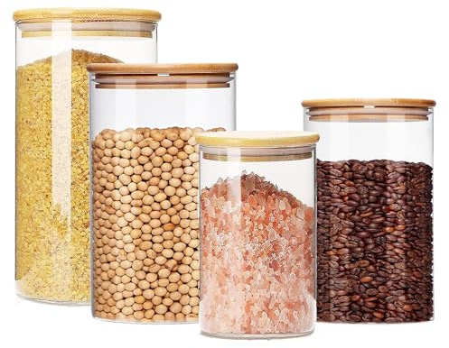 LATRAT Juego de tarros de almacenamiento con tapa, herméticos con tapa, tarros de almacenamiento para cereales, espaguetis, frijoles, harina, transparentes, 1000 ml, 750 ml, 500 ml, 250 ml