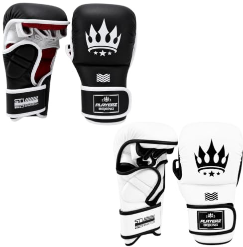 Playerz SparTech MMA Sparring Gloves – Vegan Microfibre, Dual-Layer Foam, Open Palm for Grappling & Striking Mitts, Curved Punch Zone, Adjustable Wrist Strap – Black/White (S–XL)