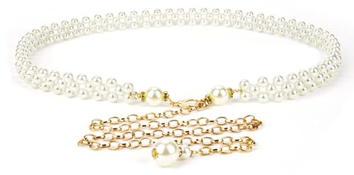 Ceinture chaîne grande taille pour femme, extensible de 30-40 pouces, extra longue et épaisse, ornée de perles blanches, accessoire de mode ajustable