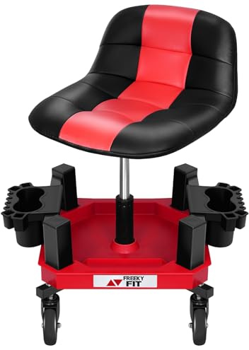 FreekyFit Tabouret à roulettes réglable avec roulettes, tabouret de mécanicien, siège de garage, magasin, chaise de travail mobile avec plateau à outils, 2 porte-gobelets, roulettes de 10,2 cm, 158,8