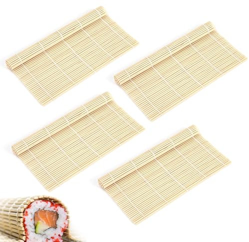 YHTCC 4 Pcs Sushi Mat, Natural Bamboo Mat Sushi Making Kit, Sushi Rolling Mat for Japanese Sushi Japanese Snacks Spring Rolls
