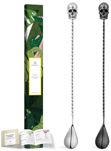 Homestia Lot de 2 cuillères de bar en acier inoxydable de 30,5 cm - Long manche en spirale avec tête de mort lestée - Pour boissons et cocktails - Pour Halloween, fête
