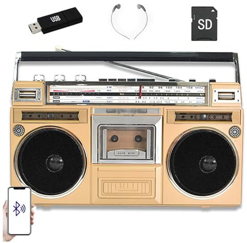 OZTYSGXM Grabadora de Cinta Retro, Radiocasete Am/FM, Reproductor de Casete Estilo AñOs 80, TranscripcióN Solo Clic + Compatible ReproduccióN Tarjetas SD/TF, para Reuniones Familiares,Orange