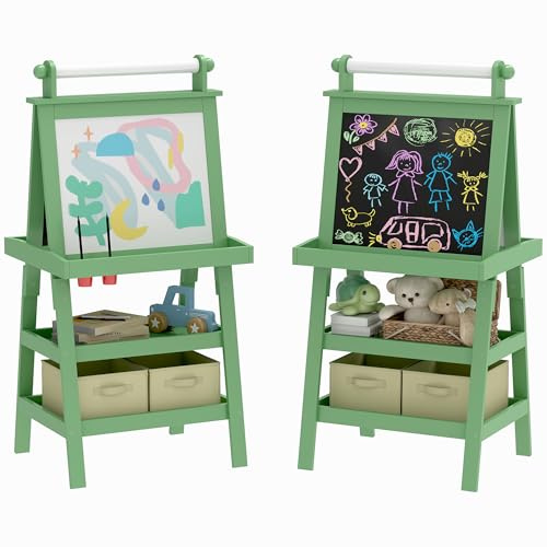 AIYAPLAY Pizarra Infantil Caballete 3 en 1 Pizarra Infantil de Doble Cara Magnética Caballete de Pintura para Niños con Rollo de Papel y Cestas de Almacenamiento 59x48x118 cm Verde