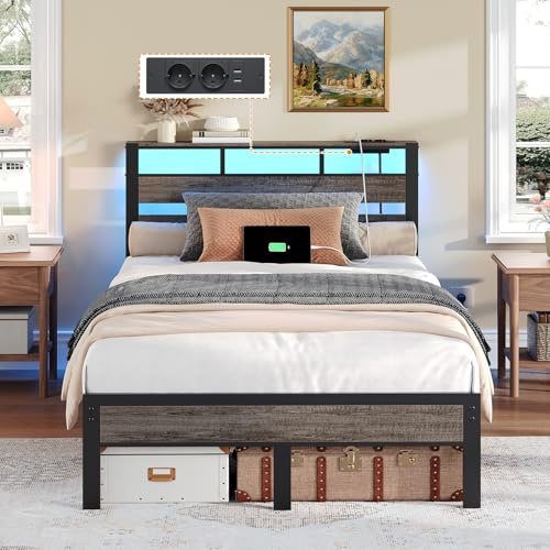 HOOBRO Cama 160 x 200 cm, Estructura Metálica con Ilminación LED, Enchufes y Espacio de Almacenaje, Cama Matrimonio con Cabecero, para Dormitorio, Color Negro Carbón EBC79CDBF01