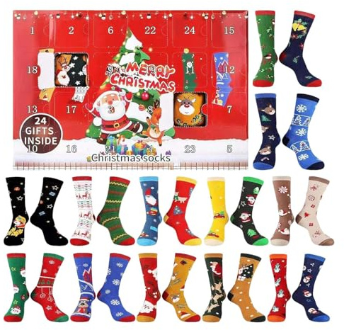 Julstrumpor kalender – bomull 32 x 25 x 5 cm låda | vinterskor presentset med mjuk textur, nedräkning till helgdagar, vardagskläder, festkläder | fester, sammankomster