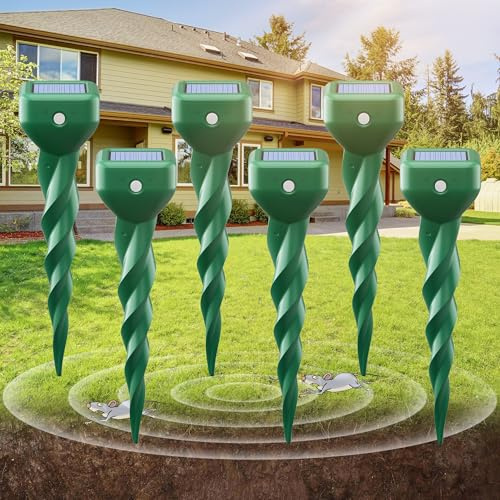 Juego de 6 ahuyentadores de topos, potente ahuyentador de roedores y topos solar para jardín, césped y parterres, resistente a la intemperie, IP67, apto para animales sin toxinas