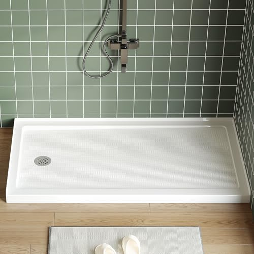 Acrylic Shower Base 60 x 32 inch Shower Pan, Anti-Slip PVC Floor with Left Drain, Stainless Steel Round Cover & ABS Drain Kit, 3-Side Waterproof Design