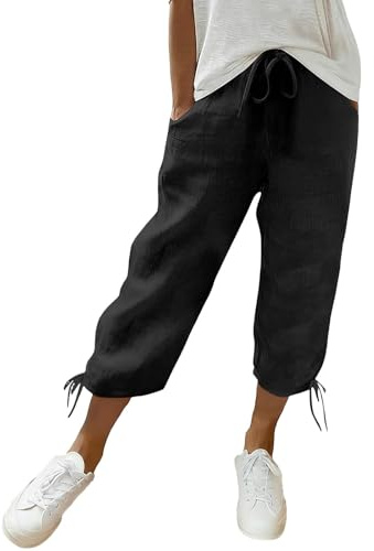 RLEHJN 3/4 Linen Trousers for Women UK Cotton Capri Pants, Ladies Cropped Trousers Three Quarter Length Shorts Summer Capris Pants with Pockets Elasticated Waist Bottoms with Drawstring at the Hem