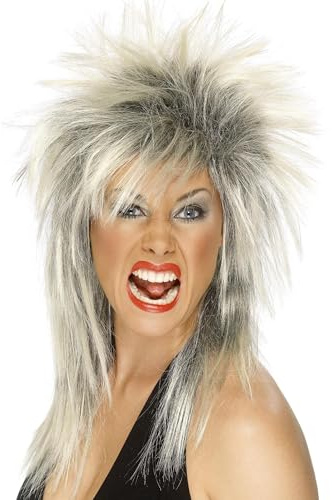 Smiffys Rock Diva Wig, Two Tone Blonde & Black, Long Mullet, 1980's Fancy Dress, Adult Dress Up Wigs Halloween