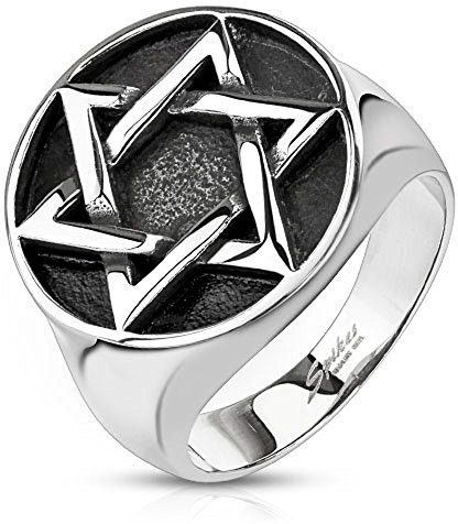 BlackAmazement Bague unisexe en acier inoxydable 316L - Étoile de David massive - Biker gothique - Argent - Médaillon hexagonal