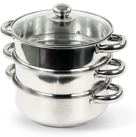 22CM 3 Tier Stainless Steel Induction Hob Steamer with Glass Lid Cookware Pot & Pan Set