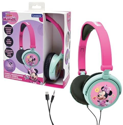 Lexibook, Disney Minnie, Cuffie stereo, volume sicuro per bambini, pieghevoli e regolabili, rosa/verde, HP010MN