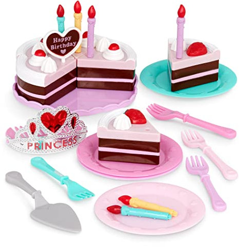 Battat Play Circle by, Ensemble de fête d'anniversaire Princesse, diadème de Princesse, Bougies, Assiettes, fourchettes et gâteau au Chocolat Garni de Fraises, Jouets Alimentaires pour Enfants à