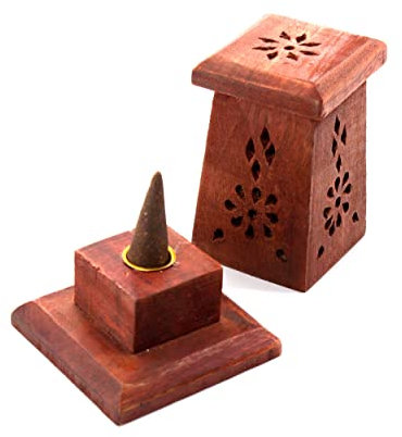 Räucherkegel-Turm aus Rosen-Holz, Räucherkegelhalter/Räucherbox, für Räucherkegel geeignet, verwendbar als Räuchergefäß oder Räucherkasten, ca. 7,5 x 6,5 x 10 cm