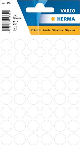 HERMA Lot de 1860 étiquettes multi-usages rondes (Ø 13 mm, 5 feuilles, mates) autocollantes permanentes pour marquage à la main, 240 pastilles adhésives blanches