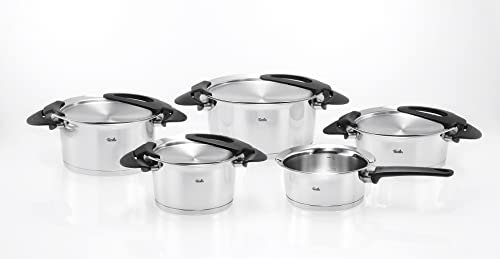 Fissler Intensa Set di pentole in acciaio inox, 5 pezzi, con coperchio in metallo, 3 pentole, 1 rostiera, 1 tegame senza coperchio, adatte per cottura a induzione