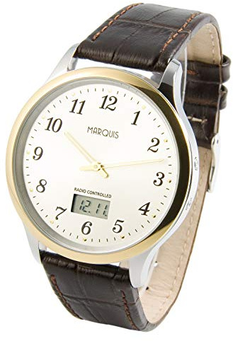 MARQUIS Bicolor Herren Funkuhr (Junghans-Uhrwerk) Edelstahlgehäuse, Braunes Lederarmband 964.4811