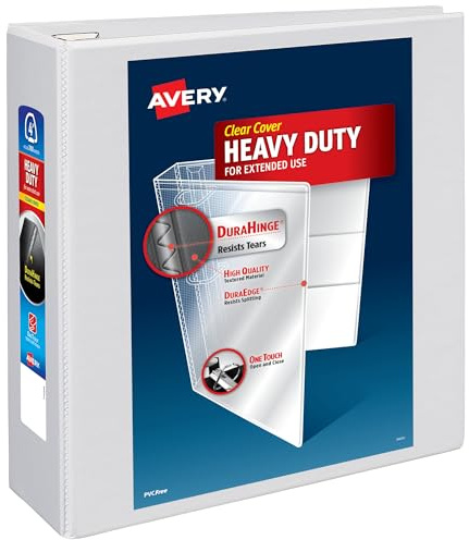 Avery Heavy-Duty View 3 Ring Binder, 4 Inch One Touch EZD Rings, 780-Sheet Capacity, 4.5 Inch Wide Spine, Customizable Clear Cover and Spine, 1 White Binder (79104)